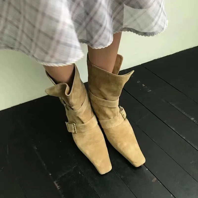 Genuine Leather Butterfly Knot Wrapped Strap Short Ankle Boots Polished Color Distressed Flat Bottomed Bare Shoes